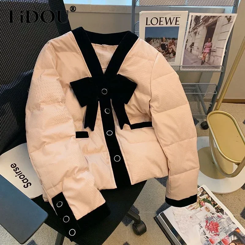 

2023 Winter New Fashion V-neck Long Sleeve Button Parkas Women Korean Style Bow Contrast Color Loose Casual All-match Y2K Coat