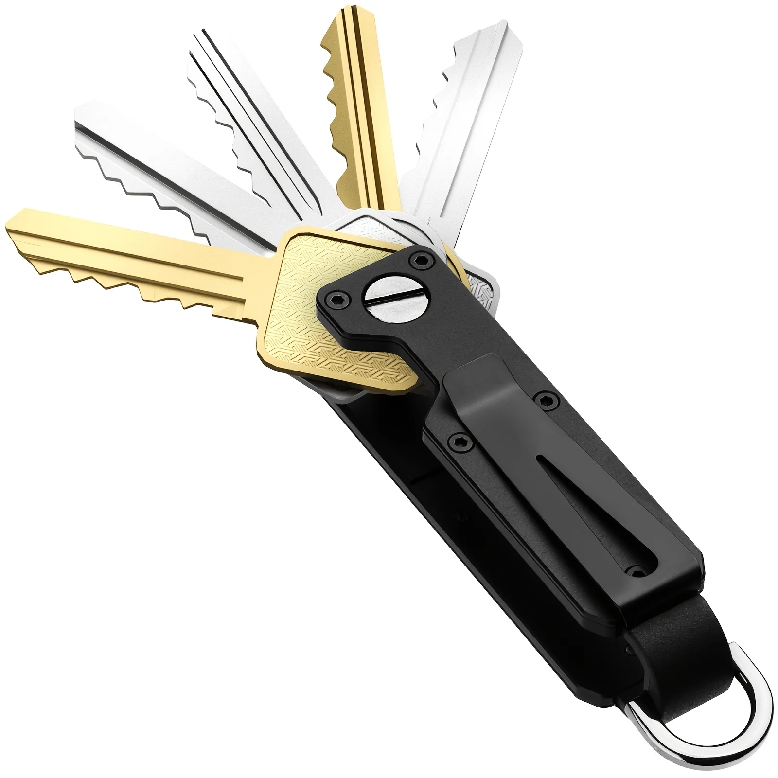 Sleek Black & Gold Compact Aluminum Key Organizer with Carabiner Clip