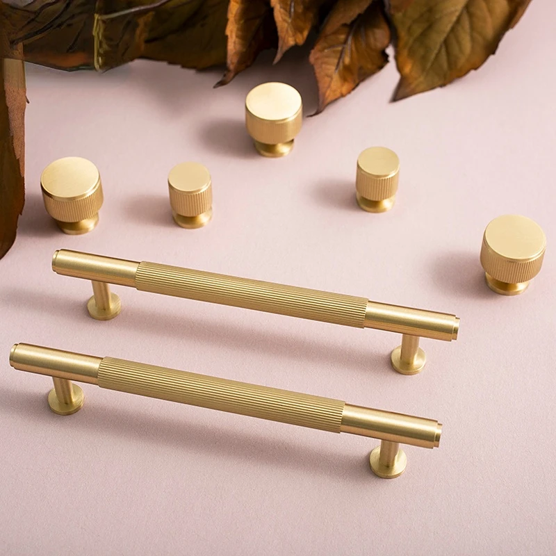 Solid Brass Striped Design Furniture Knobs and Handles Gold Luxury
