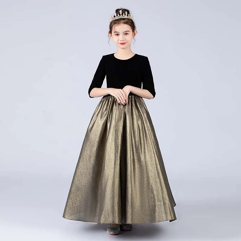 Black and Gold Girl Dresses Wedding Bridesmaid Skirt Girls Pageant Gown Floor Length Prom Dresses  Instrument Performance