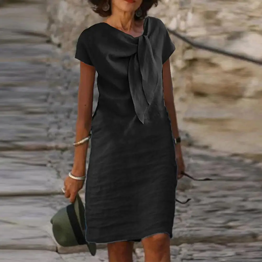 

Платье женское средней длины с V-образным вырезом, однотонное свободное платье-трапеция с узлом, с коротким рукавом, на шнуровке, летняя одежда