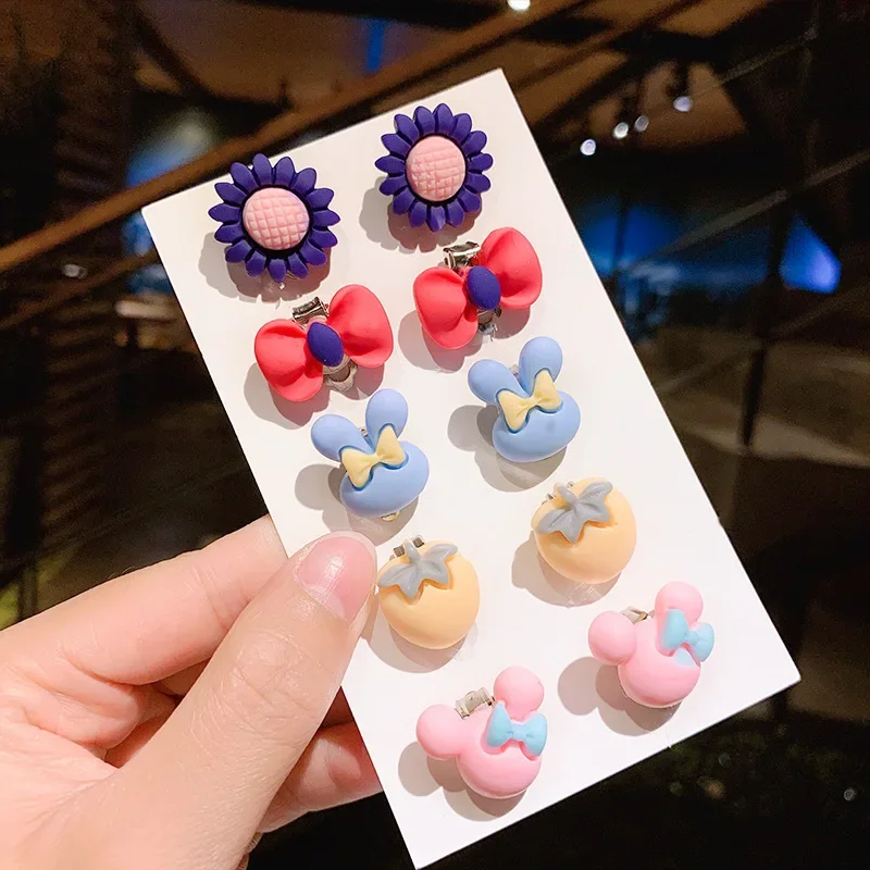 No Ear Holes Children Earrings Ear Clips Princess Girls Cute Flower Pain Proof Studs Fashion Kids First Jewelry Gifts 10Pcs