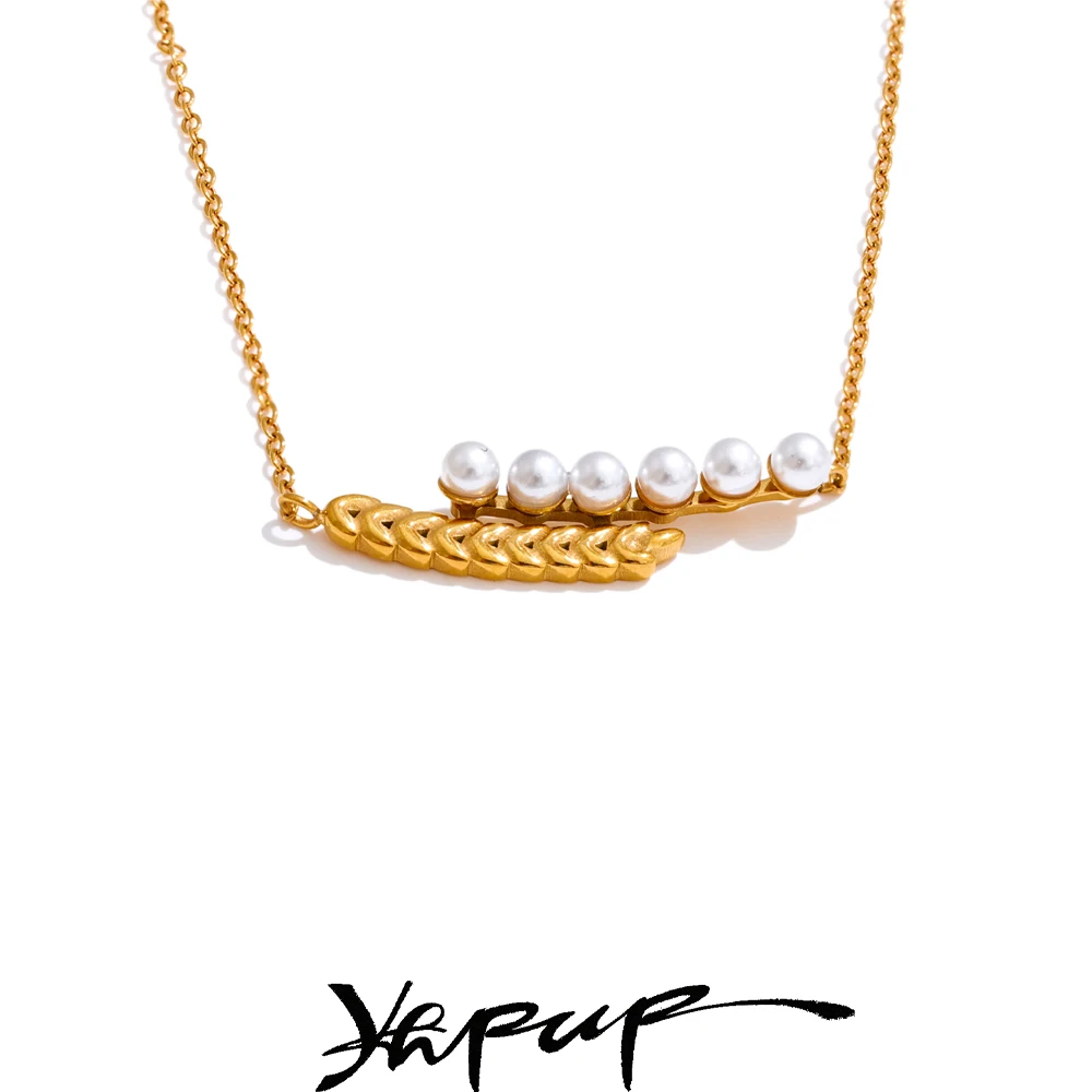 Yhpup 18K Golden Plated Pearls Leaf Shape Pendant Korean Necklace