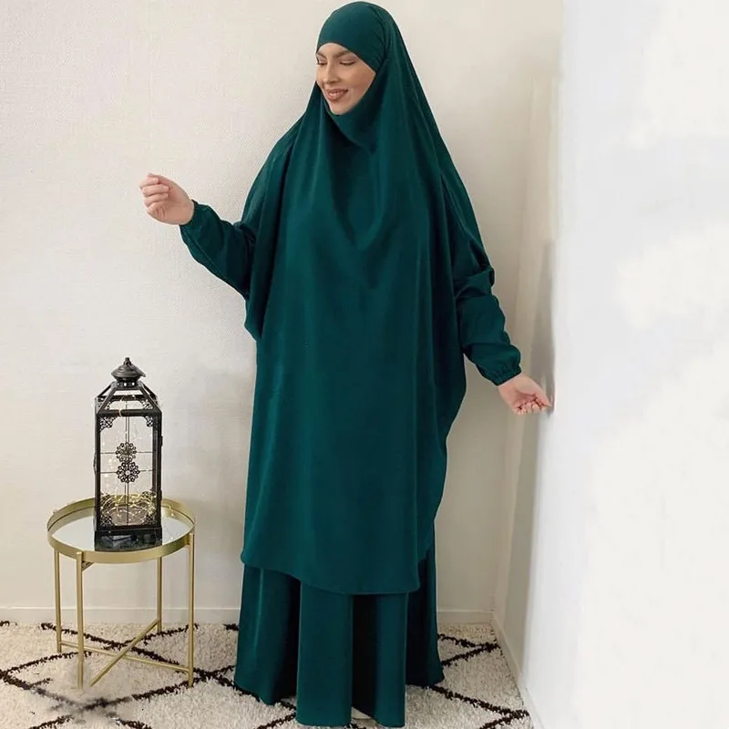 Ramadan Eid Muslim Woman Prayer Outfit Islam Khimar Hijab Dubai Abaya Jilbab 2 Piece Set Arabic Full Cover Abaya Turkey Dress