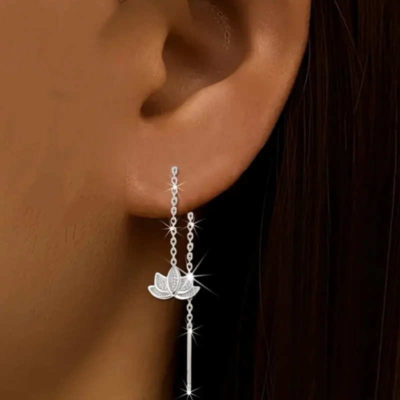 Silver Color Lotus Flower Long Tassel Earring for Women Elegant Minimalist Earings Perfect for Daily Wear Jewelry Gifts