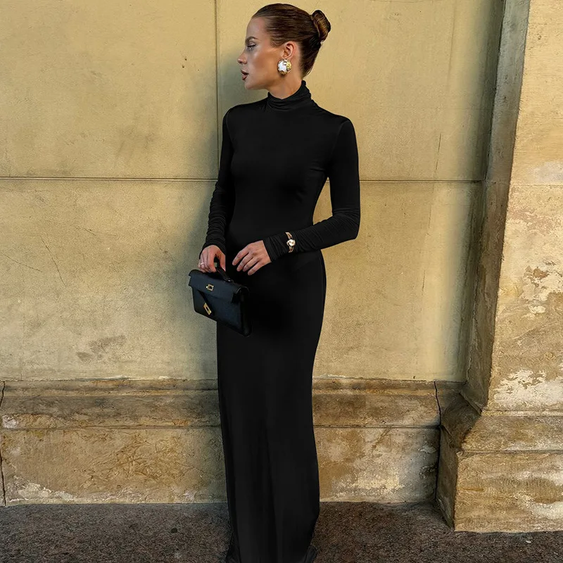 Elegant Fashion Turtleneck Long Dress Female High Waist Long Sleeve Slim Autumn New Solid Dress Women's Party Dress