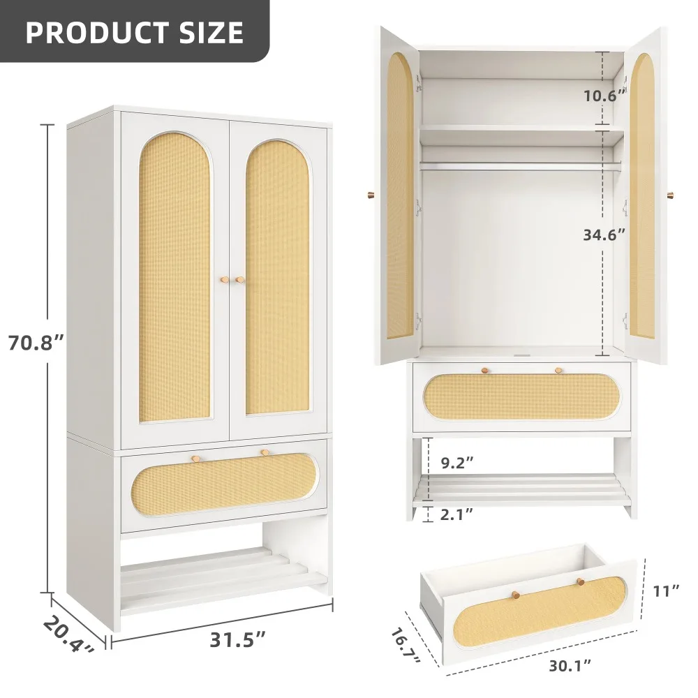 Armoire Wardrobe Closet with 2 Doors, Drawers and Hanging Rods, Wardrobes for Hanging Clothes with Shelves & Steel Stand 5