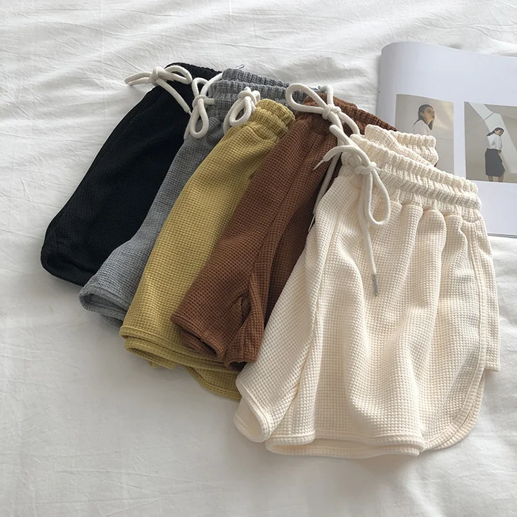 spandex shorts Summer Women Sports Shorts Elastic Drawstring High Waist Cotton Waffle A-line Wide Leg Shorts Solid Women Home Casual Shorts women's swim shorts