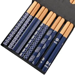Reusable Handmade Bamboo Chopsticks - Set of 5 Pairs with Multi-Color Cat and Flower Design (5Pairs Blue)