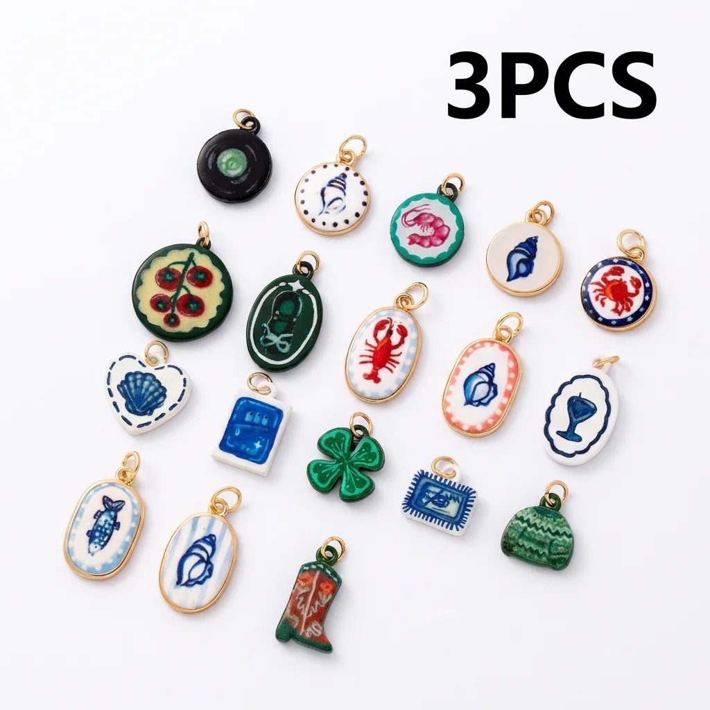 3-teiliges Set niedlicher und modischer Anhänger aus der Ozean-Serie mit Muschel, Krabbe und Garnelen zum Selbermachen für Schmuck.
