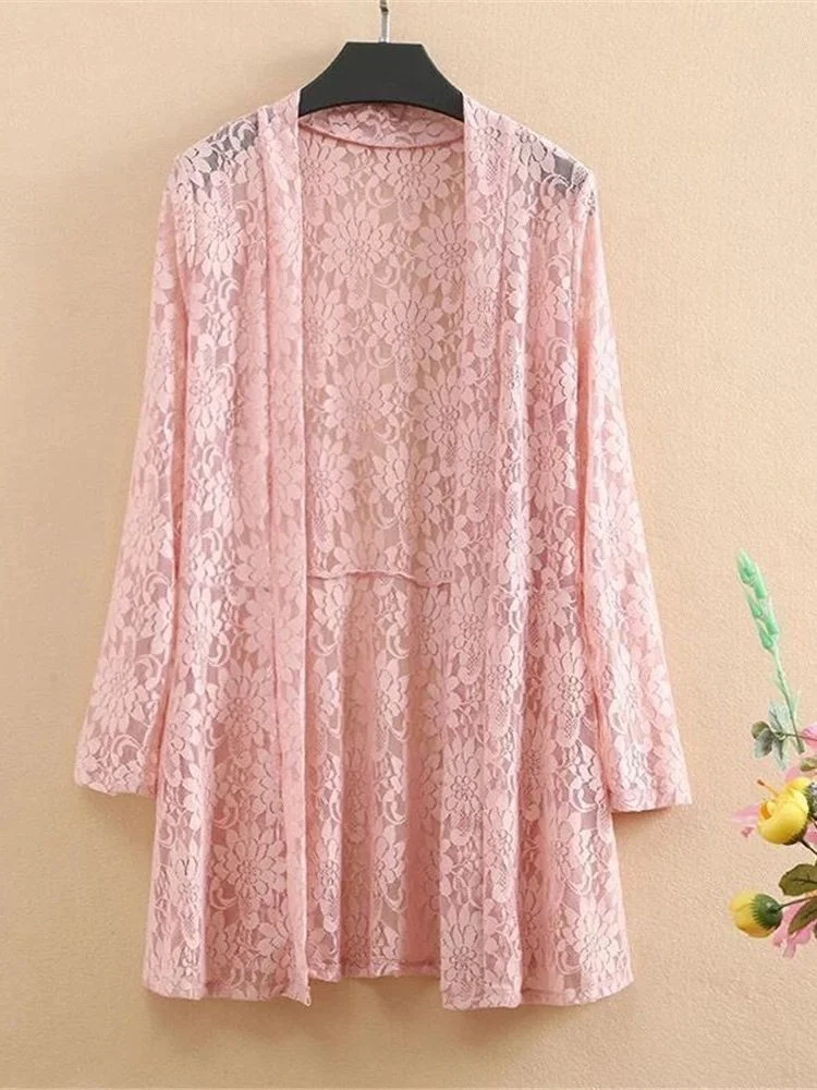

2022 Women's Long-Sleeved Lace Cardigan 3XL 4XL 5XL Summer Women Mid-Length Mesh Tops Sun Protection Thin Shawl Coat Female