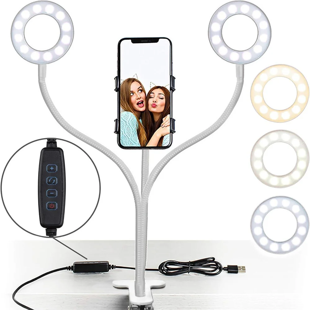 USB-Powered Dual LED Ring Light with Dimmable Modes and Flexible Arms - Perfect for Streaming and Photography