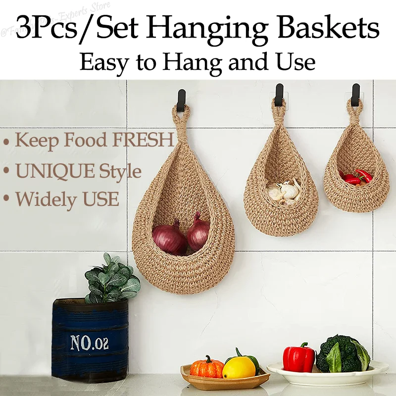 

3Pcs/Set Hanging Baskets Kitchen Storage Organizer Onion Basket Fruit Wall Hooks Planter Holder Hand Woven Hanging Bags for Home