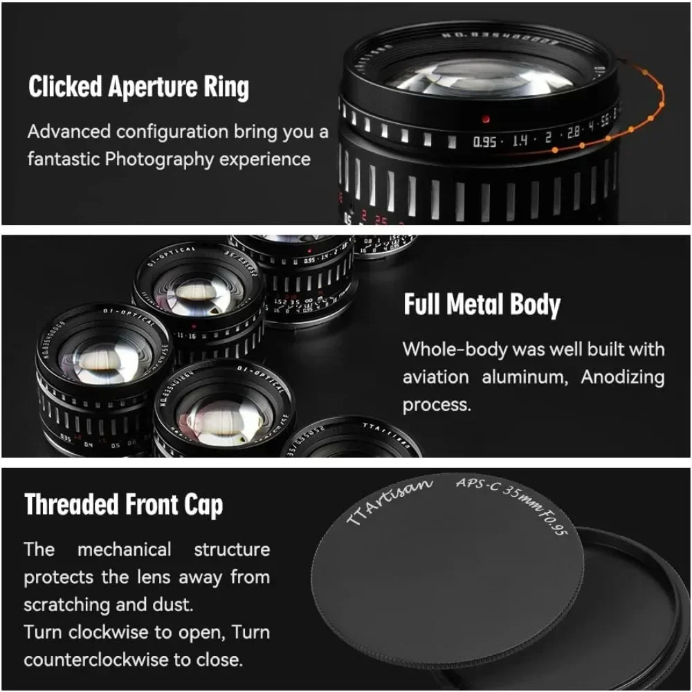 TTARTISAN 35mm F0.95 APS-C 대형 조리개 수동 초점 미러리스 카메라 렌즈 (후지 FX, E, 캐논 RF, 니콘 Z, M4/3 마운트용)