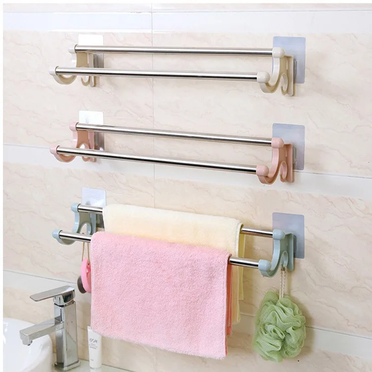 1PC Stainless Steel Double Rod Towel Bar Wall Mounted Traceless Towel Rack Bathroom Space Saving Punch-Free Storage Shelf