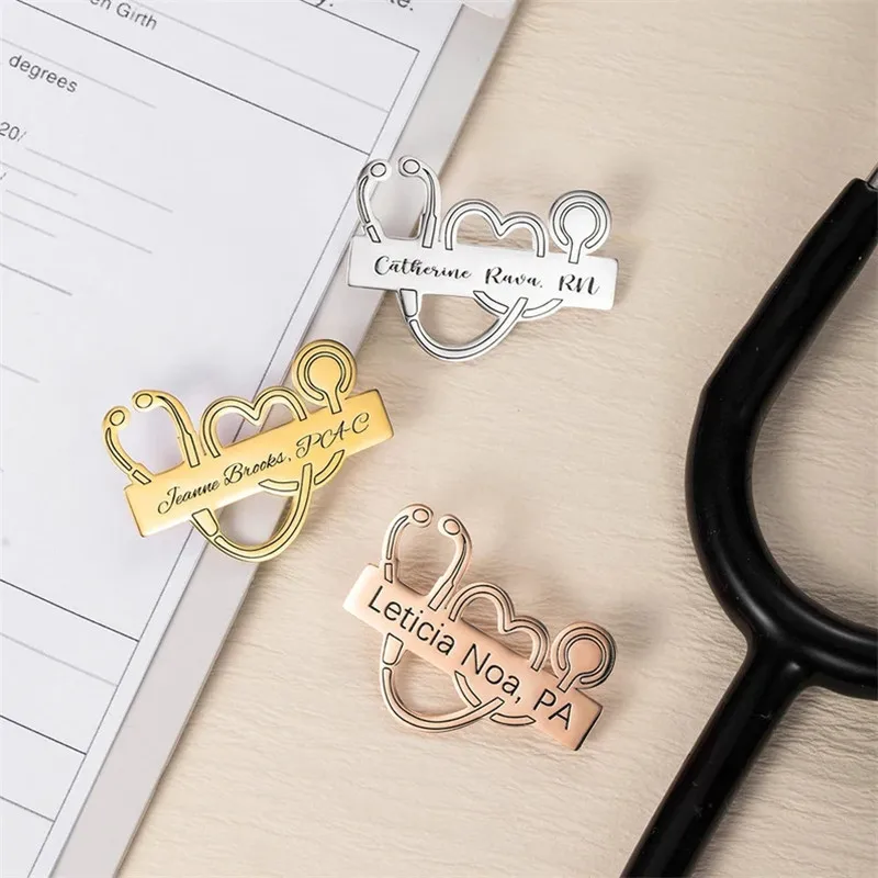 

Personalized Customized Doctor Name Brooches For Healthcare Worker Stainless Steel Letter Stethoscope Pin Badges Broochs Jewelry