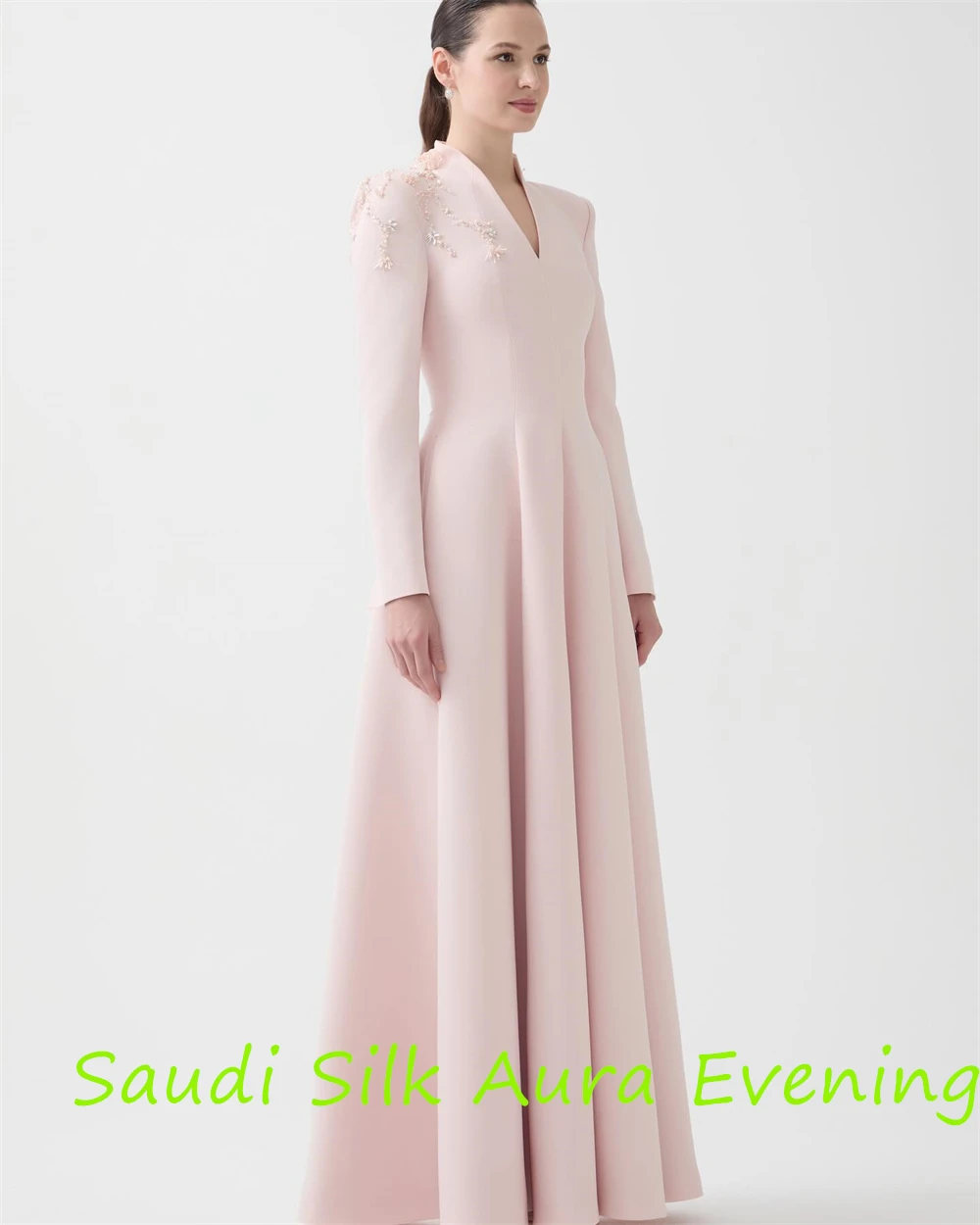 Customized Customized Delicate Pink Jersey Evening Dress V-Neck Long Sleeves Celebrity Gowns Appliques Elegant Bespoke Occasion 5