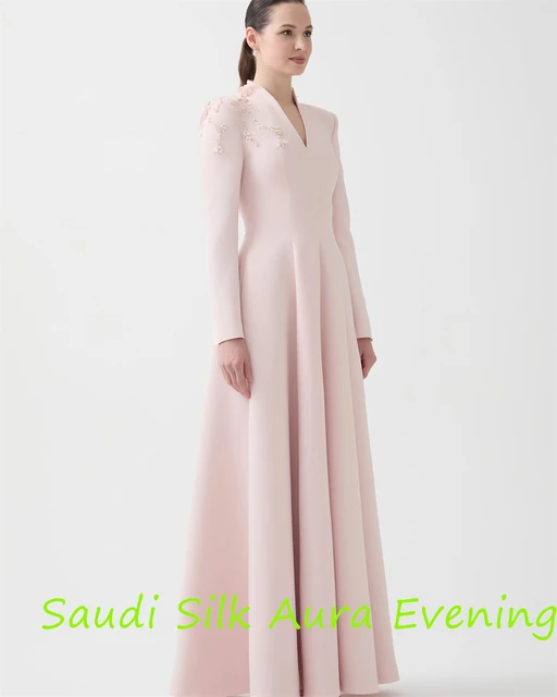 Customized Customized Delicate Pink Jersey Evening Dress V-Neck Long Sleeves Celebrity Gowns Appliques Elegant Bespoke Occasion 5