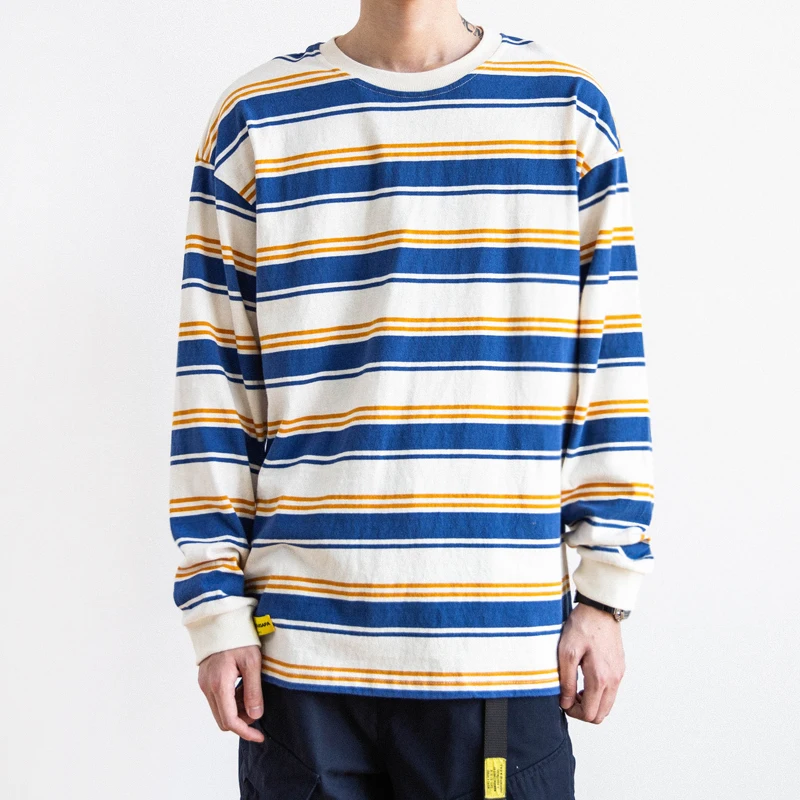 

2023A/W Japanese Style Bright Color Linen Cotton Tees Thin Loose Fit Drop Shoulder Sleeves Round Neck Striped T-shirt for Men