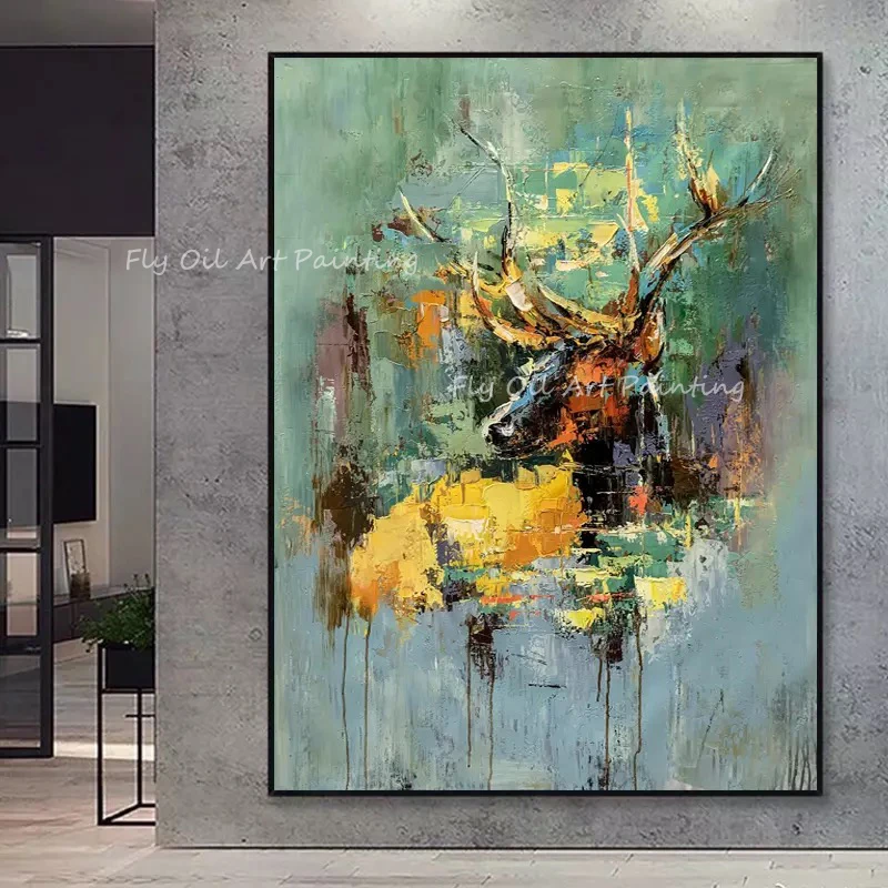 

Large Size 100% Handpainted gold foil knife thick modern colorful green and yellow canvas oil painting for living room office