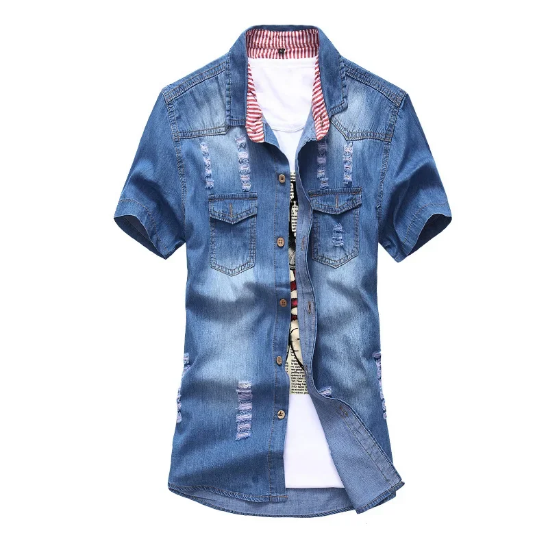Summer Korean Men's Denim Short Sleeve Fashion Youth Slim Fit Ripped Denim Shirt Casual Thin Top