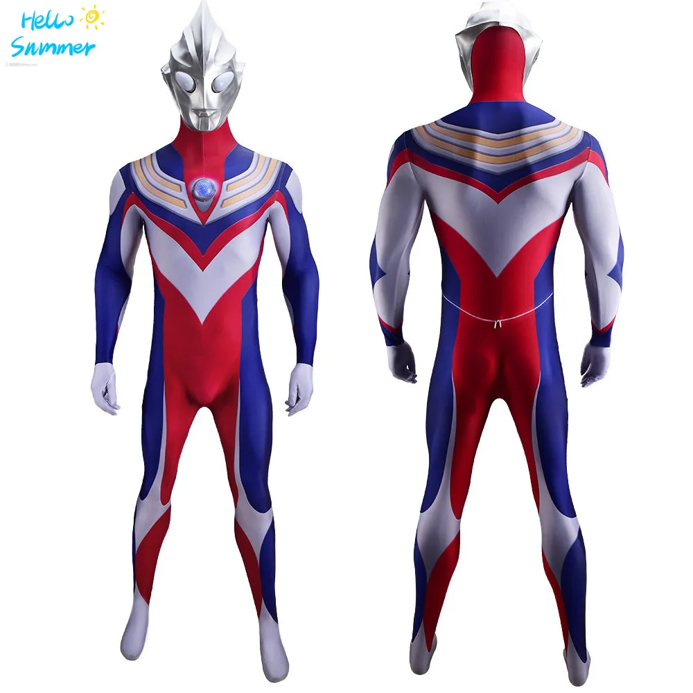 

Movie Ultraman Tiga Costume Cosplay with Light Mask Fullboday Halloween Costume Superhero Jumpsuit for Male/Female//kids