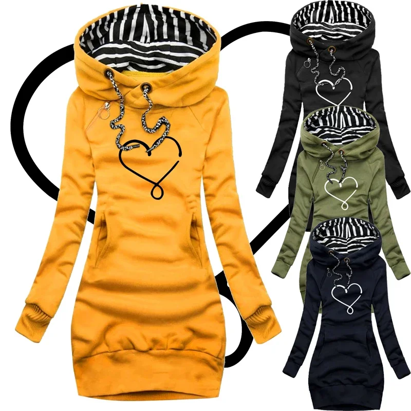 

Уличная одежда, модное женское Повседневное платье с принтом сердца, толстовка с длинным рукавом и капюшоном, свитер с карманами, топы, свитшоты, платье для женщин