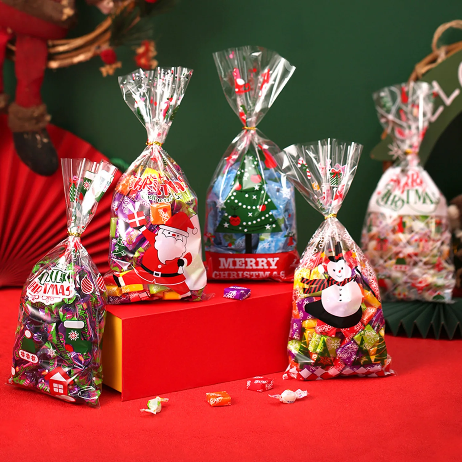 

50Pcs Christmas Candy Gift Packaging Bag With Ties Snacks Baking Xmas Plastic Bags Kids Party Favors Wrapping Bags