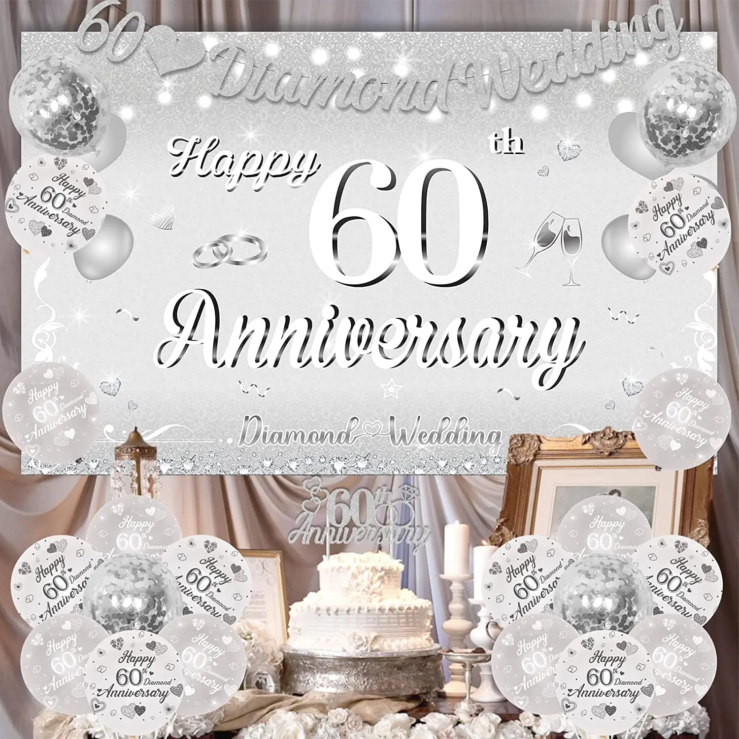 60th Wedding Anniversary Decorations Set 60 Diamond Wedding Anniversary  Backdrop with Happy 60th Anniversary Balloons Banner - AliExpress, image size:1500x1500