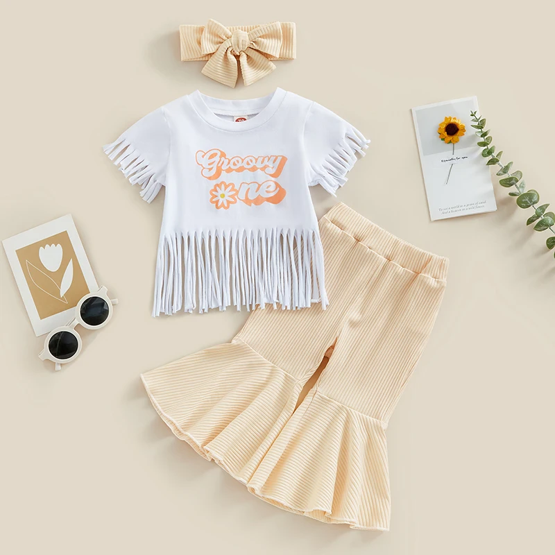 

Infant Baby Girls Birthday Outfits Summer Letter Print Short Sleeve T-shirt with Tassels Casual Flare Pants Headbands 2pcs Sets