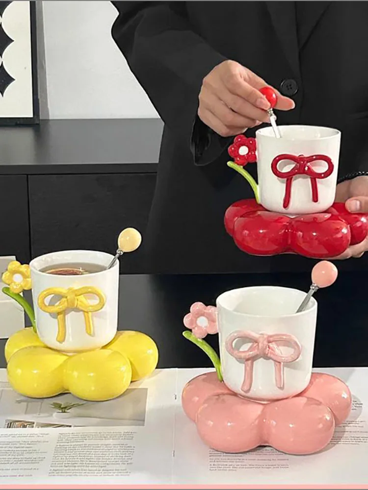 Creative Bow Ceramic Mug Home Flower Coffee Cup Saucer