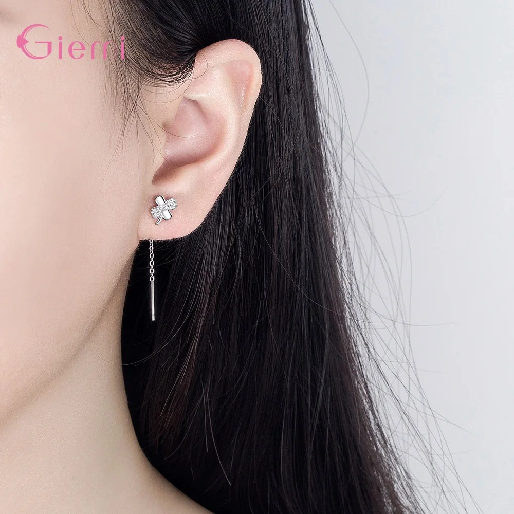 

Lucky Four Leaf Clover Thread Earrings for Women Female Shining 925 Sterling Silver with Clear Cubic Zirconia Birthday Jewelry
