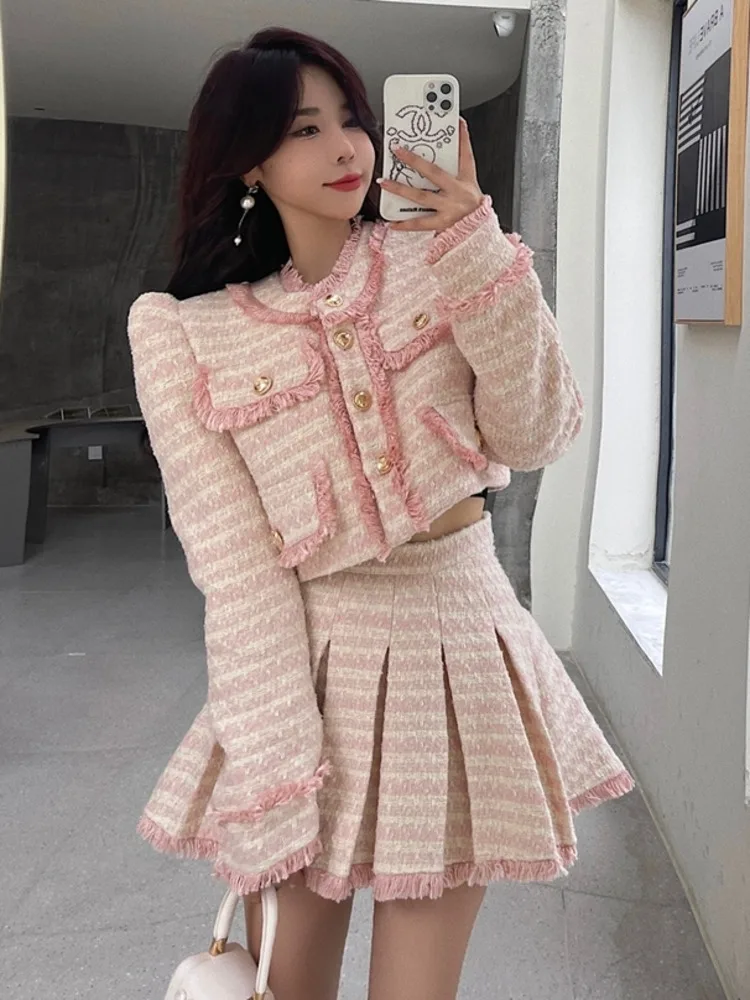 Fashion Small Fragrance Tweed Two Piece Set Women Crop Top Bow Short Jacket  Coat + Pleated Skirt Suits Vintage 2 Piece Sets - Dress Sets - AliExpress