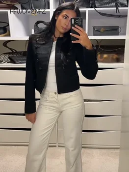Fashion Black Cropped Jacket For Women Elegant O-neck Long Sleeve Double Breasted Coats 2026 Spring Chic Lady Outerwear Street 1