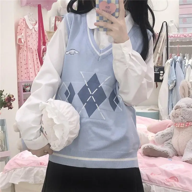 

Милый трикотажный свитер без рукавов Sanrio Kuromi с вышивкой аниме жилет для девочек Харадзюку преппи свободная осенняя одежда