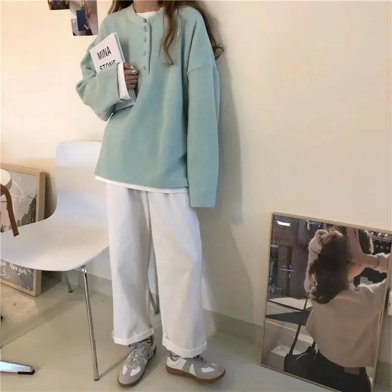 Korean Loose College Long Sleeve Ladies Pullover Women Lovely Chic Ins Clothing All-match Pure Simple Harajuku Sweatshirt Tops