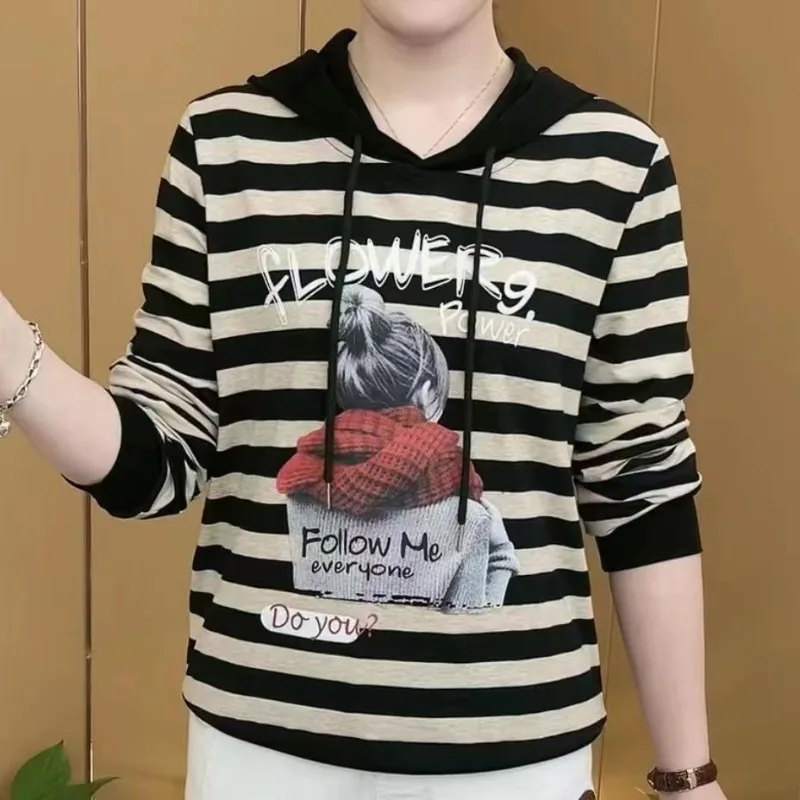 여성용 올 매치 루즈 드로스트링 후드 프린트 줄무늬 긴팔 레터 풀오버 후드 상의, 용수철 가을, 새로운 패션