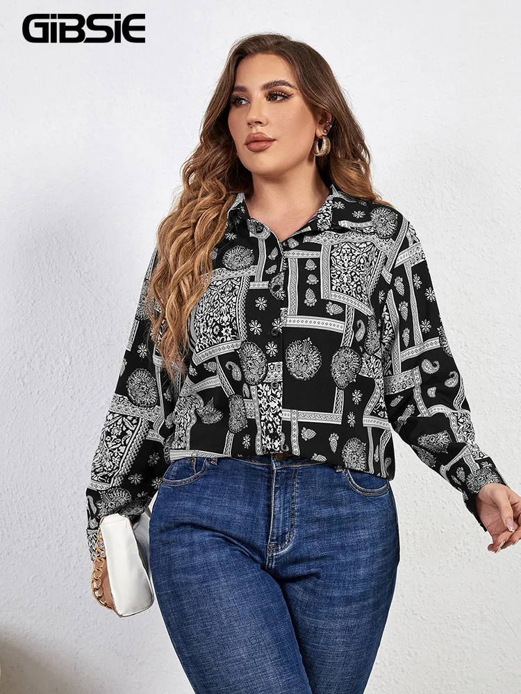 

GIBSIE Plus Size Ethnic Print Long Sleeve Shirt Women 2023 Spring Autumn Boho Turn-down Collar Casual Loose Shirts And Blouses