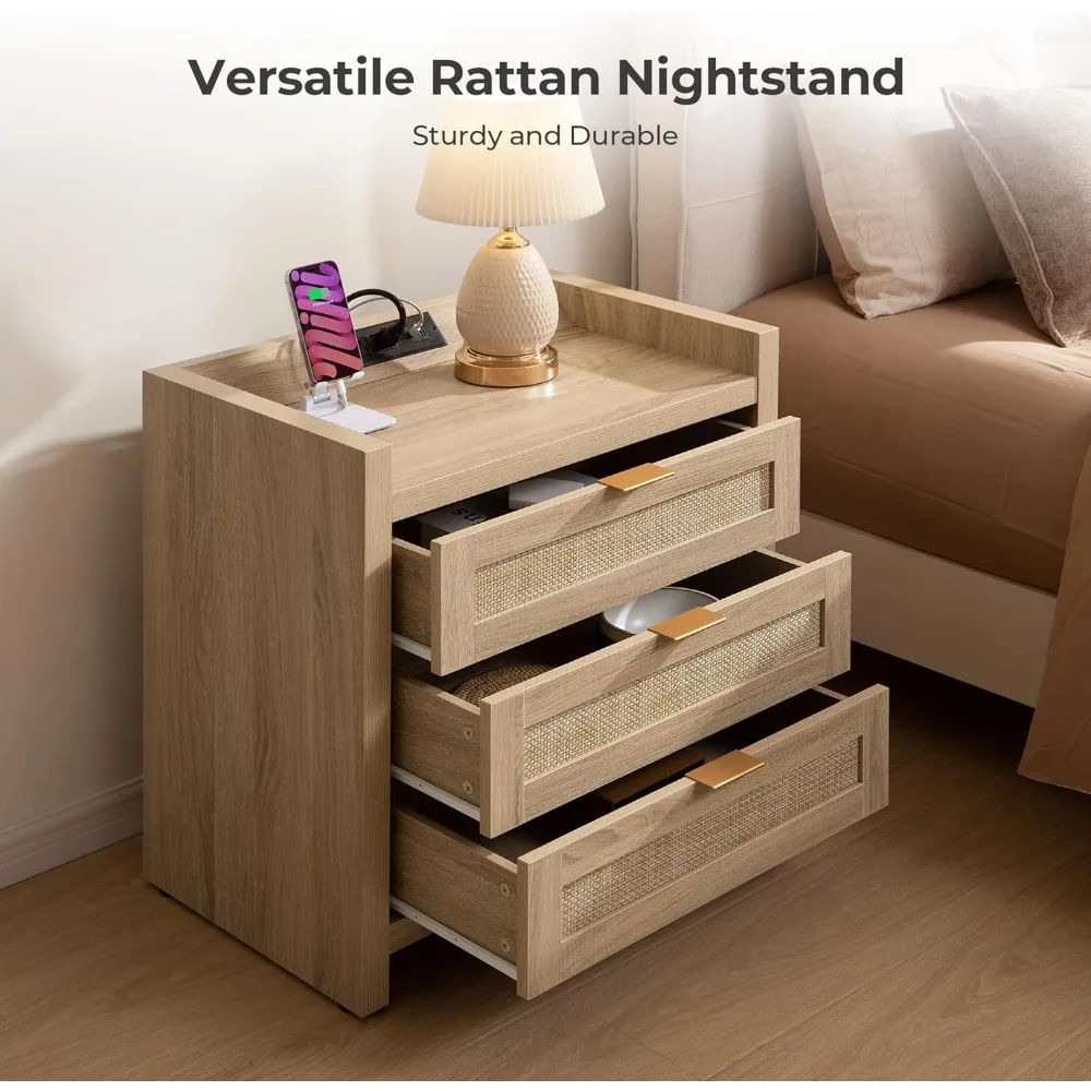 Rattan Nightstands Set of 2 Bedside Table - Larger Night Stand with Type-C Charging Station, 3 Drawers Storage 4