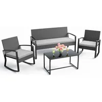 4 Piece Outdoor Patio Furniture Set, Wicker Patio Furniture with Glass Coffee Table, Rocking Wicker Bistro Set, for Backyard 1