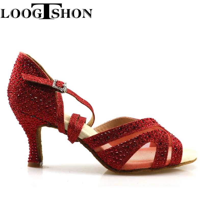 Loogtshon Ren Rhinestone ballroom dance shoes women Salsa dance shoes women Professional tango Latin Shoes style high red shoes