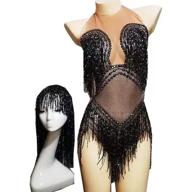 

Glitter Diamonds Leotard Headdress Sparkly Black Tassel Women Bodysuits Skinny Stretch Jumpsuits Nightclub DJ Singer Costumes