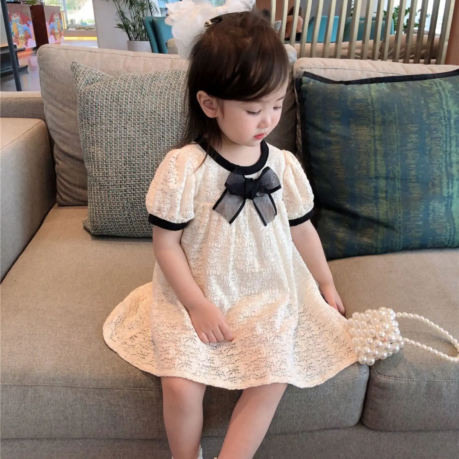 

College Wind Girls Skirt New Small and Medium Children Summer Korean Version of Pure Color Lace Female Baby Dresses