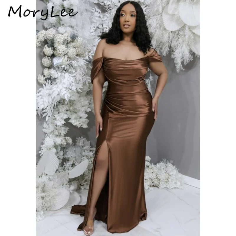 

Chocolate Bridesmaid Dresses Scoop Silk Satin Side Slit Mermaid Bridesmaid Dresses With Lace Up Back Wedding Party Gowns New