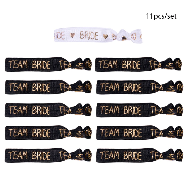 Set Braccialetti Team Sposa - Fascette Elastiche Con Scritta Dorata, Per Addio Al Nubilato, 1 Sposa + 10 Damigelle - Foto 2