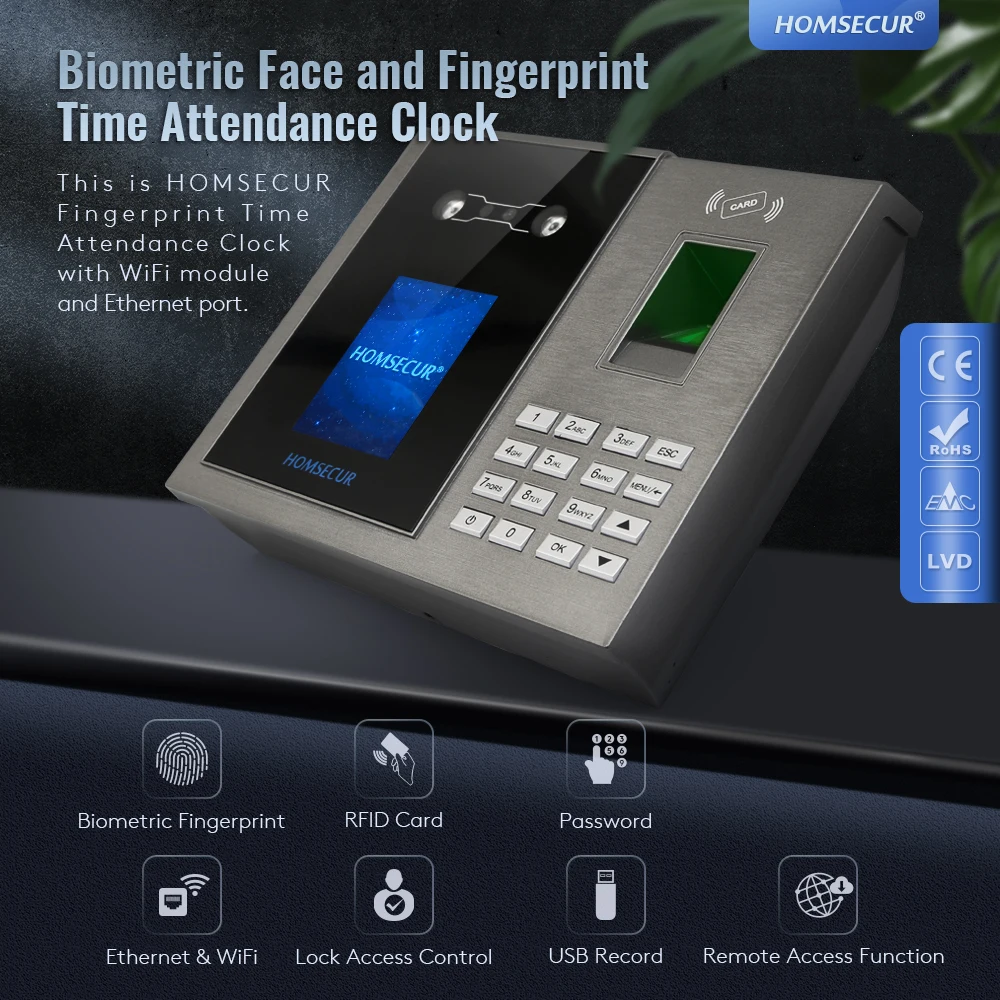 HOMSECUR New Face Fingerprint RFID Card Time Attendance+Free Software+WiFi+DST