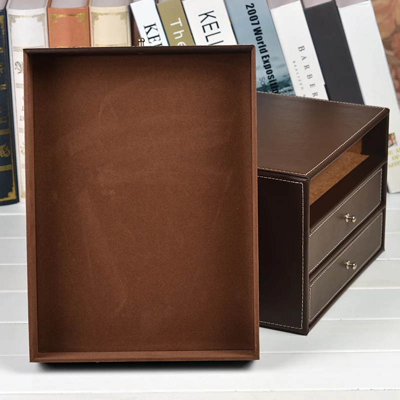 3-layer 3-drawer wood leather desk set filing cabinet storage box drawer office organizer document container holder brown 213B