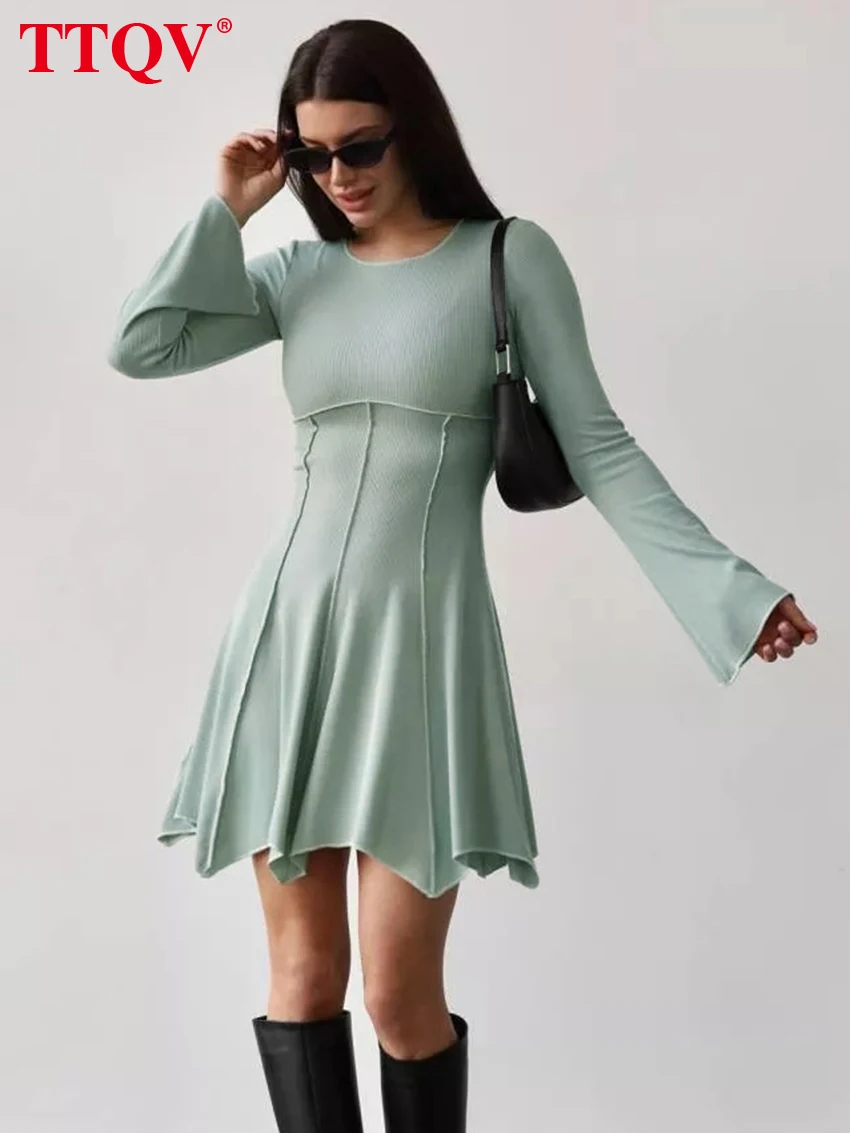 

TTQV Elegant Green O-Neck Women'S Dress 2023 Fashion Long Sleeve Slim Mini Dresses Casual Simple Elastic Dresses Female Clothing