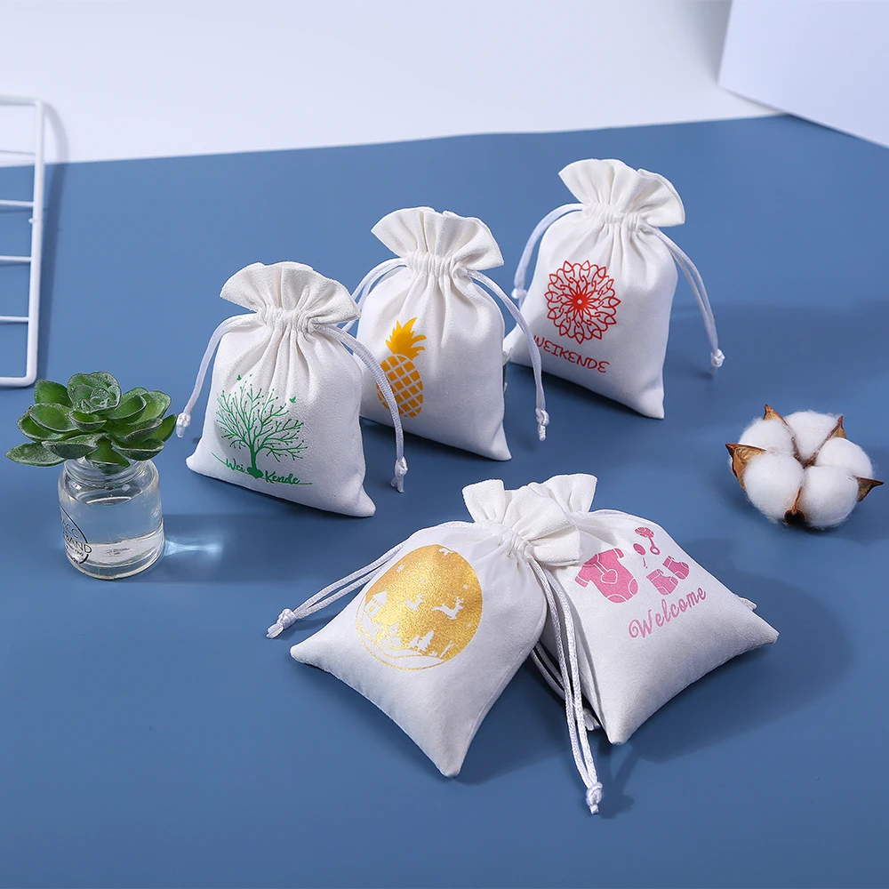 100pcs/Lot Custom Logo Drawstring Jewelry Flannel Bag Suede Velvet Cotton Pouch for Ring Earring Packaging Wedding Gift Storage