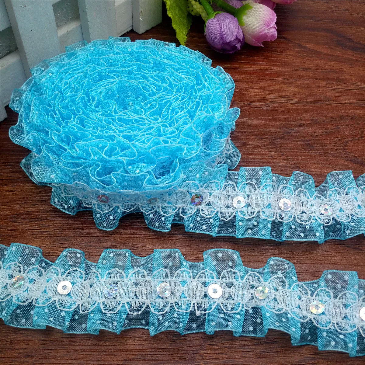 Gathered organza Lace sequined Trim DIY lace fabric organza butterfly accessories 1/ 3/ 5 yards2-Laye